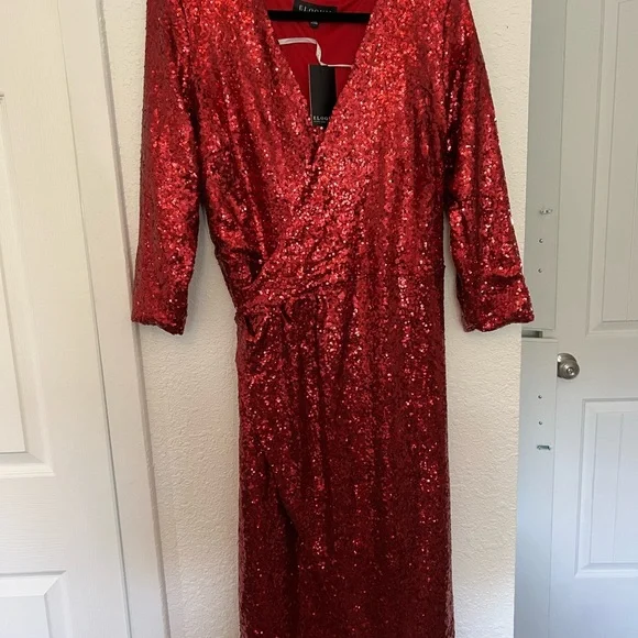 ELOQUII SPARKLE RED SEQUIN WRAP DRESS - Picture 2 of 4